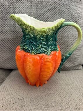 Vibrant Orange Ceramic Carrot Pitcher with Green Leaf Handle